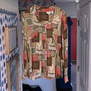 BKE Women's Patchwork Button-Up Shirt - Red, Green, Tan